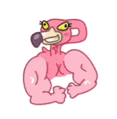 a cartoon drawing of a pink flamingo with muscles and a purple beak .