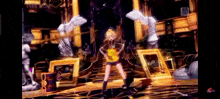 a girl in a yellow shirt is dancing in a room with statues and paintings .