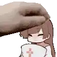 a hand is petting a cartoon girl 's head while she holds a pillow .