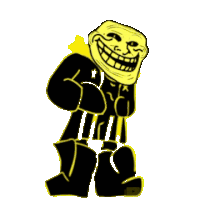 a cartoon character with a yellow face and black pants is smiling