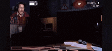 a video game screen shows a man playing a game at night