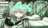 a little girl holding a pipe in front of a screen that says night mare
