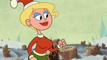 a cartoon character wearing a santa hat is pointing at something