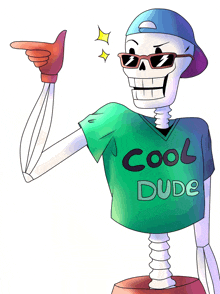 a cartoon drawing of a skeleton wearing a cool dude shirt