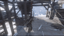 a video game is being played and a person is running through a building