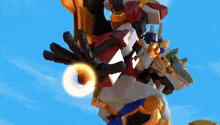 a robot is flying through the air with a blue sky in the background and a circle in the middle .
