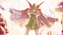 a drawing of a superhero with a green cape