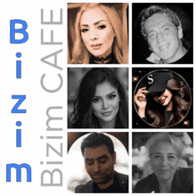 a collage of people with the words bizim cafe in blue