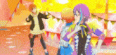 a group of anime characters are standing next to each other on a stage in front of a colorful background .