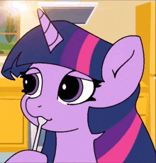 twilight sparkle from my little pony is brushing her teeth with a spoon
