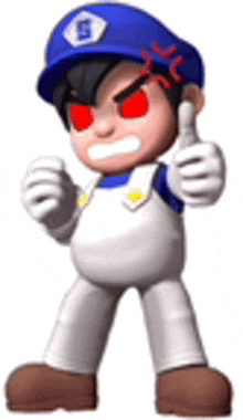 a cartoon character is giving a thumbs up while wearing a blue hat and white overalls .