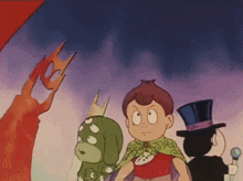 a group of cartoon characters including a boy in a red shirt