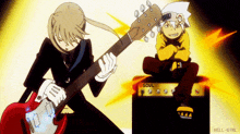 a person playing a guitar next to an amplifier that says soul on it