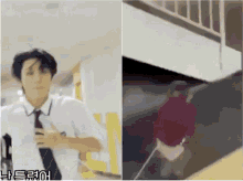 a man in a tie is standing next to a woman on an escalator