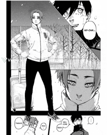 a black and white drawing of a man standing next to another man with the words " well come back " written on the bottom