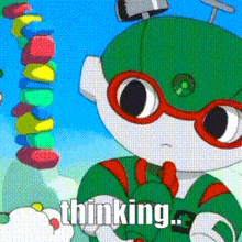 a cartoon character is wearing glasses and a green suit and is thinking .
