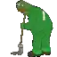 a pixel art drawing of a man in a green suit sweeping the floor with a mop .