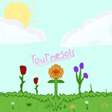 a drawing of flowers with the words " tournesols " on the bottom