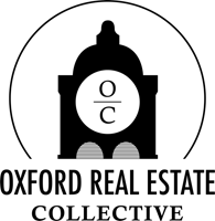 a logo for oxford real estate collective with a train in the center