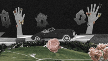 a black and white drawing of a car driving down a road with a rose in the foreground