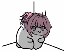 a cartoon character with pink hair and a flower in her hair is sitting down .