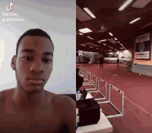 a man without a shirt is next to a picture of a gym with a sign that says tiktok