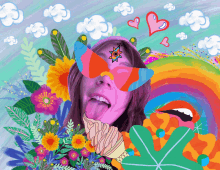 a colorful painting of a woman holding an ice cream cone with flowers in the background