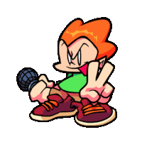 a cartoon character holding a microphone and giving a peace sign