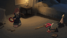 a girl kneeling in front of a guitar and a girl laying on the floor