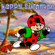 a ladybug on a beach with the words happy summer behind him