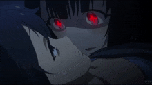 a girl with red eyes is kissing another girl with black hair