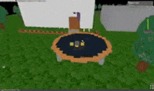 a trampoline is sitting in the middle of a lush green field in a video game .