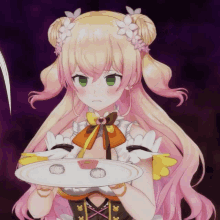 a girl with flowers in her hair is holding a tray of food