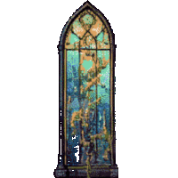 a drawing of a stained glass window with a picture of a tree in the background .