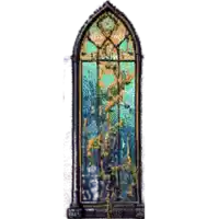 a drawing of a stained glass window with a picture of a tree in the background .