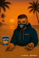 a painting of a boy wearing a face mask and a capri sun drink