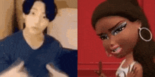 a man and a doll are standing next to each other . the doll is angry and looking at the man .