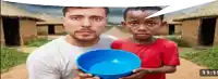 a man is holding a blue bowl next to a boy with a speech bubble above them that says 11:15