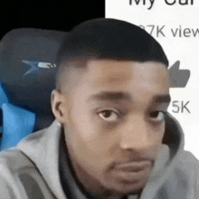 a close up of a man 's face with a thumbs up in the background