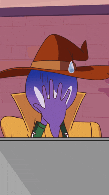 a cartoon character wearing a witch hat covering his face