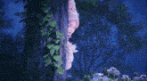 a woman in a pink dress is peeking out from behind a tree trunk