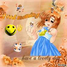 a picture of a girl with the words good morning have a lovely day written on it