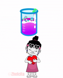 a cartoon girl is holding a heart in front of a beaker of liquid