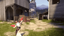 a man in a white coat and red gloves is holding a gun