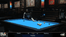 a pool table with a player named owen playing