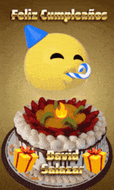 a birthday cake with a smiley face and the words feliz cumpleanos david salazar