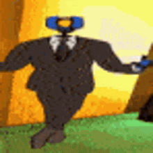 a cartoon character in a suit and tie is standing in the grass holding a gun .