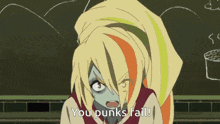 a cartoon character says you punks fail in front of a chalkboard