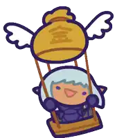 a cartoon character is flying in a hot air balloon with chinese characters on it