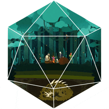 an illustration of a group of people in a forest with a dragon in the middle